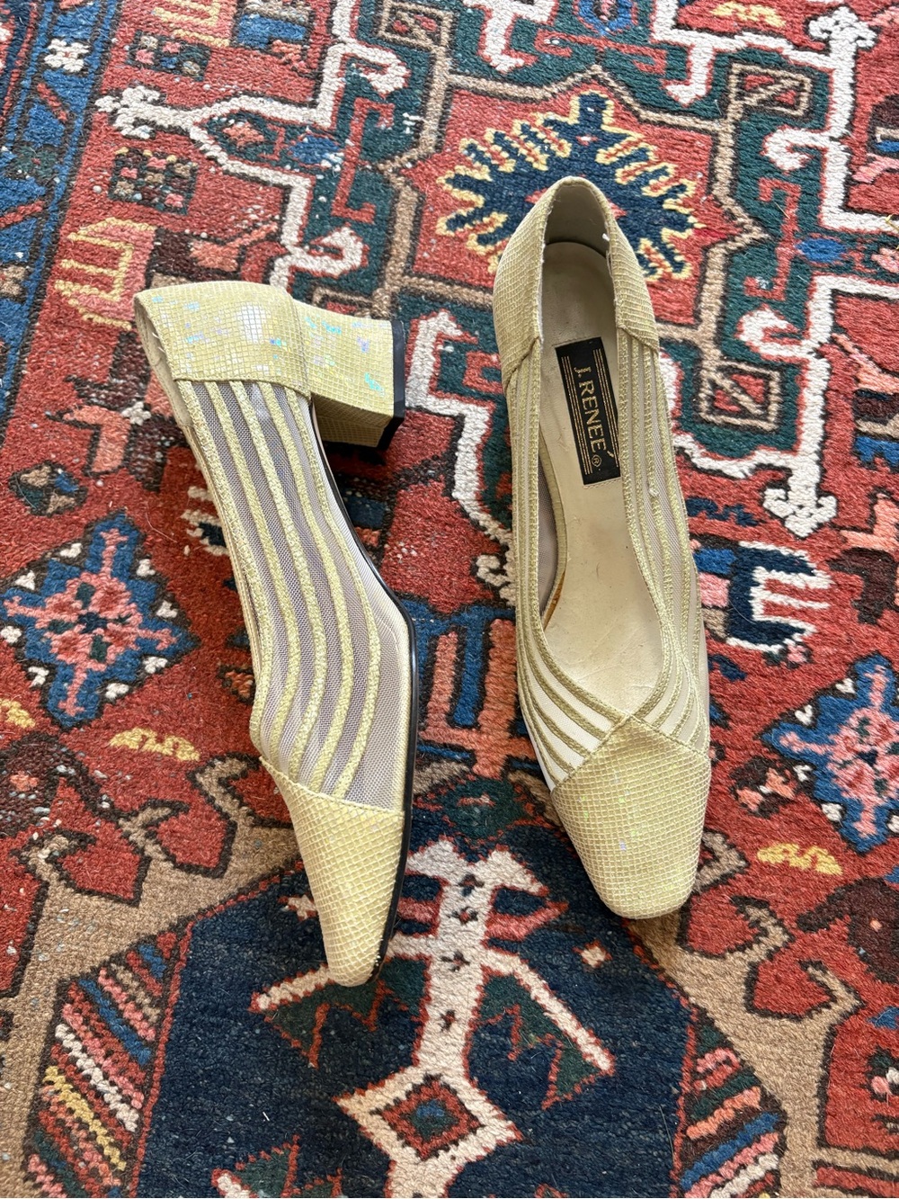 J.Renee pistachio green iridescent Metallic leather Mesh Block Heel Pumps 10 M
